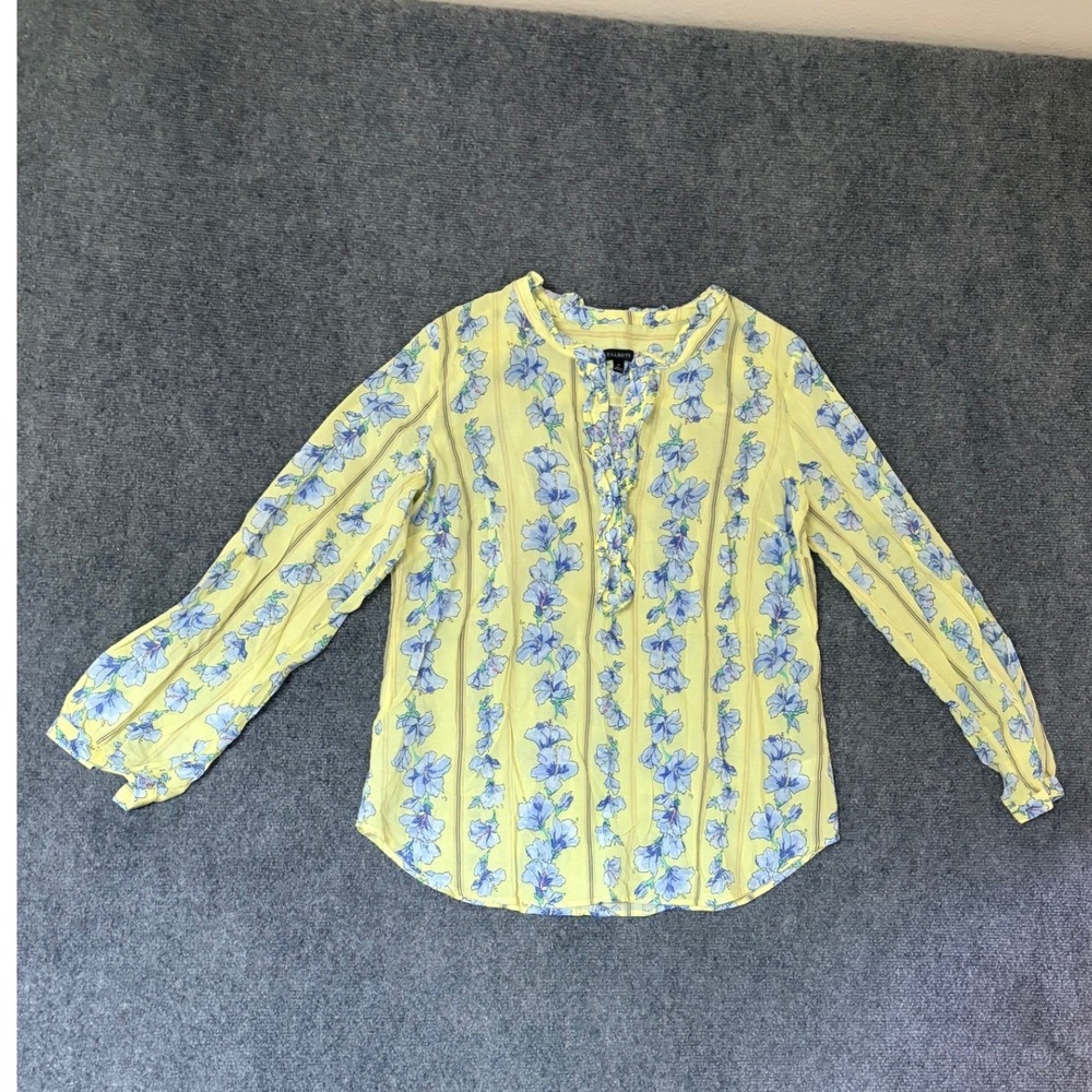 Talbots Yellow Blue Floral Stripe Ruffle Neck Cotton Blouse Womens Medium M
